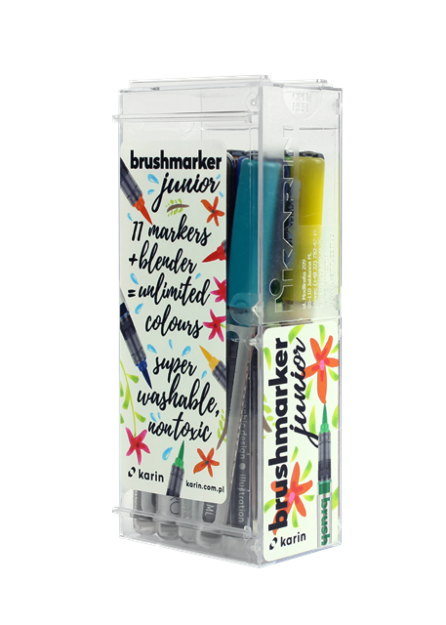KARIN Brushmarker JUNIOR 11 basic colours + 1 blender set, FRONT
